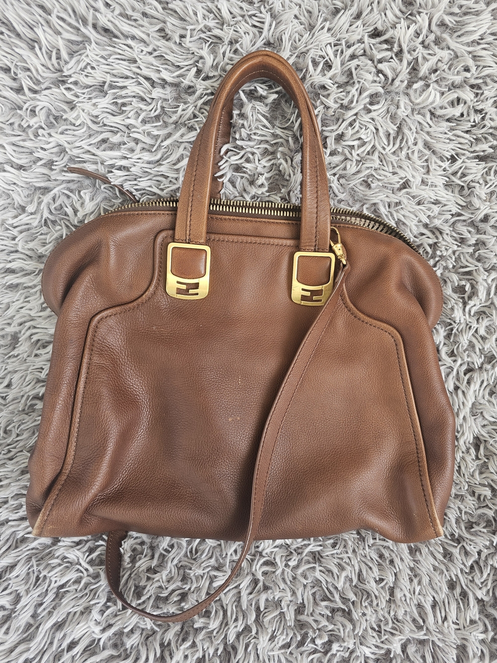 Fendi Cognac Leather Satchel with Gold Hardware